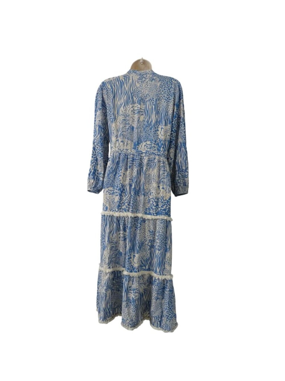 Bognar Blu Long Sleeve Blue Animal Print Midi Dress Women Size M Tassel Fringe - Picture 6 of 9